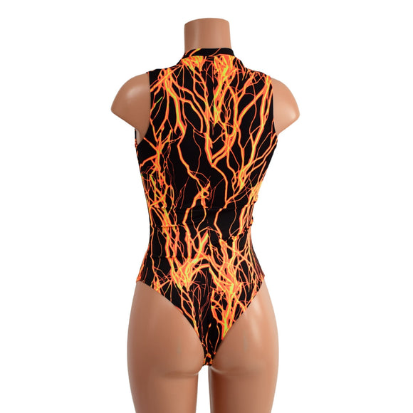 Neon Orange Lightning Plunging V Neck Romper with Brazilian Cut Leg - Coquetry Clothing