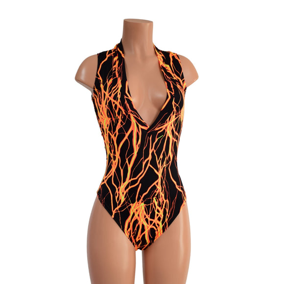Neon Orange Lightning Plunging V Neck Romper with Brazilian Cut Leg - Coquetry Clothing