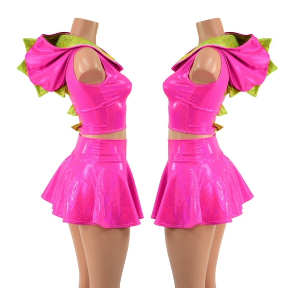 Neon Pink and Lime Dragon Crop Hoodie & Skirt Set - Coquetry Clothing