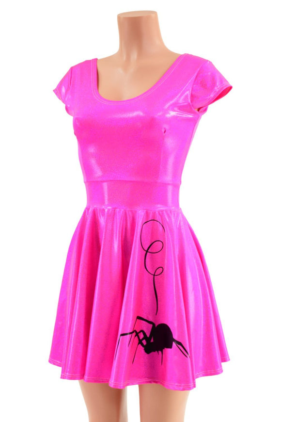 Neon Pink Cap Sleeve Spider Skater Dress - Coquetry Clothing