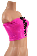 Neon Pink Holo Strapless Lace Up Crop with Black Ties - Coquetry Clothing