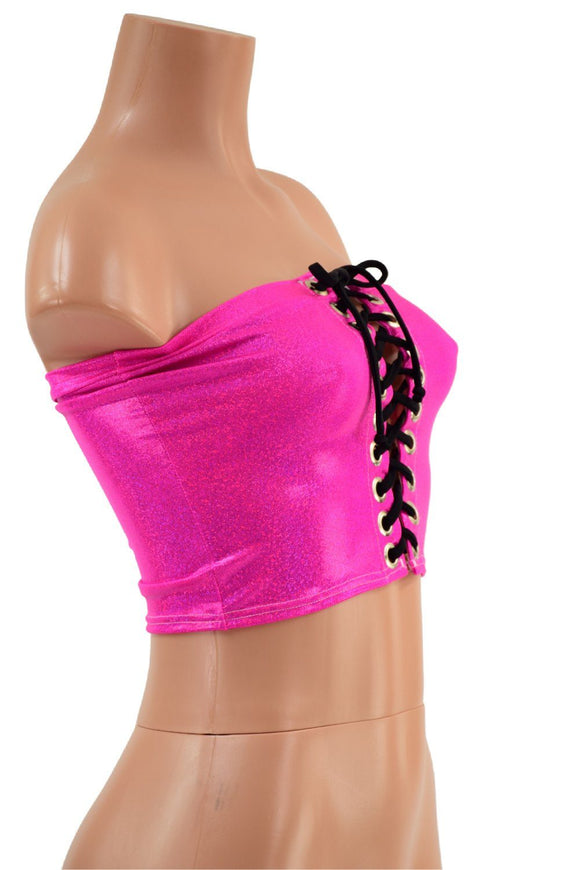 Neon Pink Holo Strapless Lace Up Crop with Black Ties - Coquetry Clothing