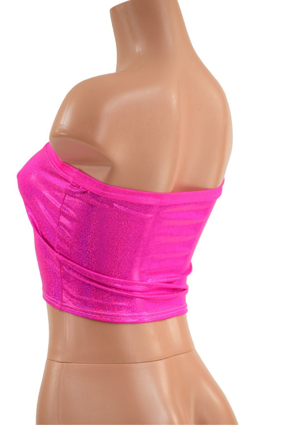Neon Pink Holo Strapless Lace Up Crop with Black Ties - Coquetry Clothing