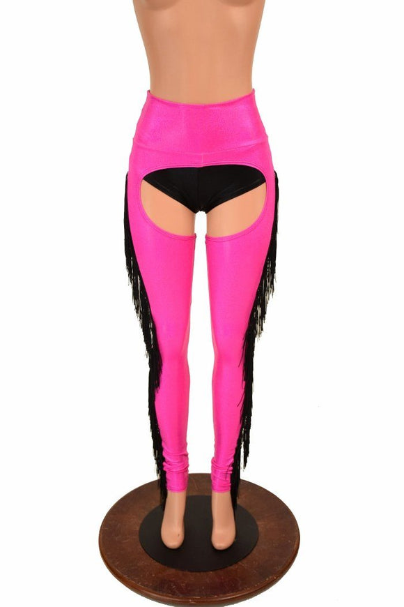 Neon Pink Holographic Fringe Chaps (Shorts Not Included) - Coquetry Clothing