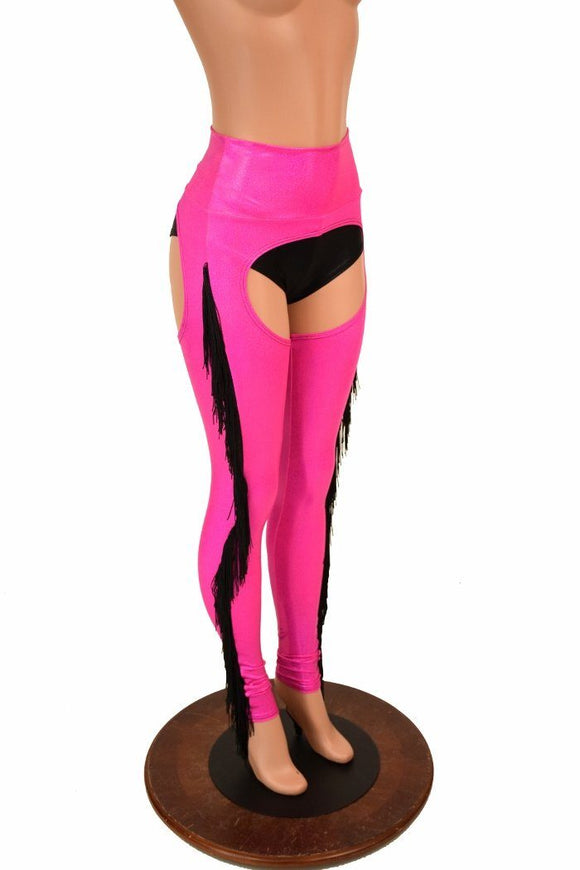 Neon Pink Holographic Fringe Chaps (Shorts Not Included) - Coquetry Clothing
