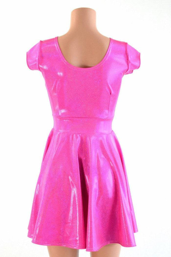 Neon Pink Holographic Skater Dress - Coquetry Clothing