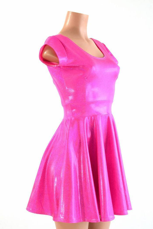 Neon Pink Holographic Skater Dress - Coquetry Clothing