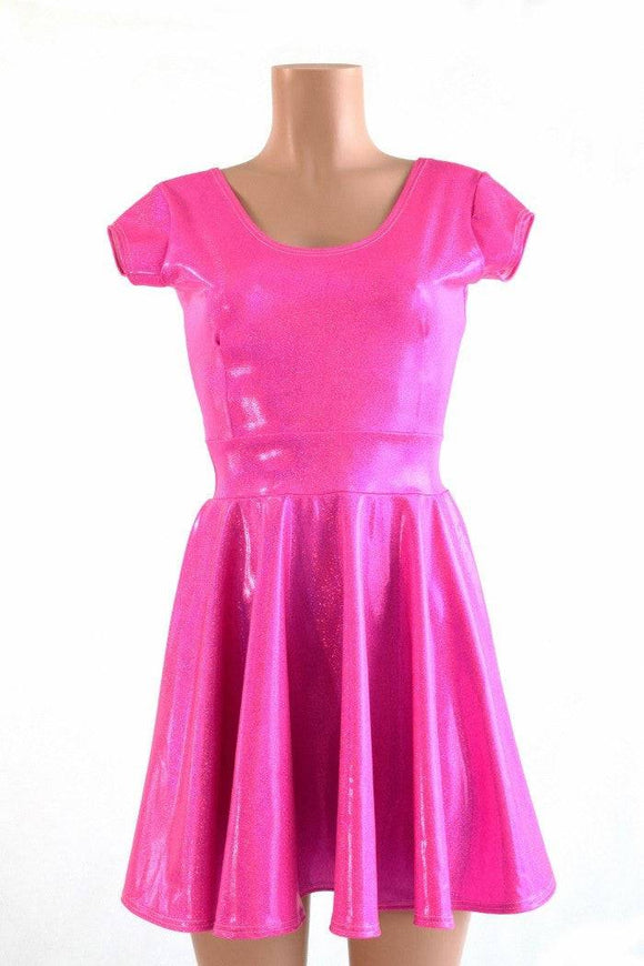 Neon Pink Holographic Skater Dress - Coquetry Clothing