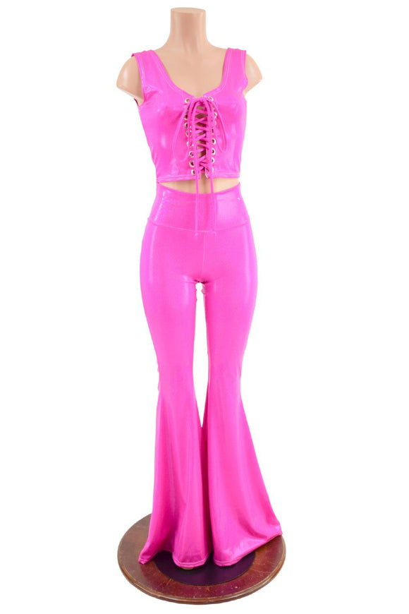 Neon Pink Lace Up Crop Tank and Solar Flares Set - Coquetry Clothing