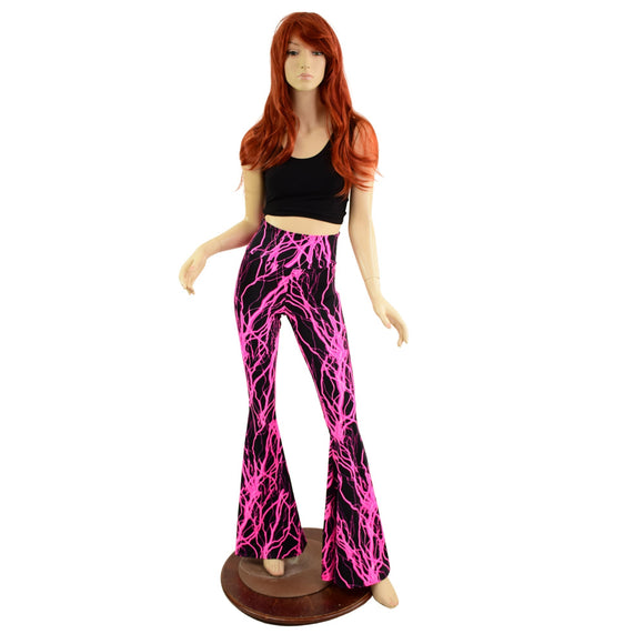 Neon Pink Lightning High Waist Solar Flares - Coquetry Clothing