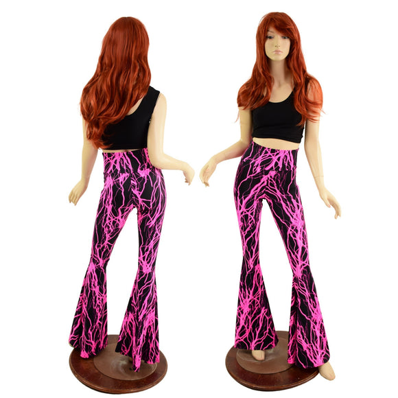 Neon Pink Lightning High Waist Solar Flares - Coquetry Clothing