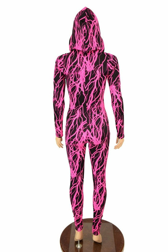 Neon Pink Lightning Hooded Catsuit - Coquetry Clothing