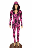 Neon Pink Lightning Hooded Catsuit - Coquetry Clothing