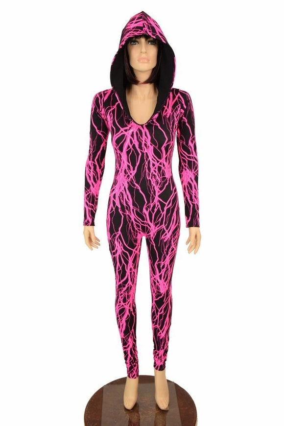 Neon Pink Lightning Hooded Catsuit - Coquetry Clothing