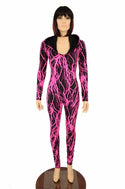 Neon Pink Lightning Hooded Catsuit - 2