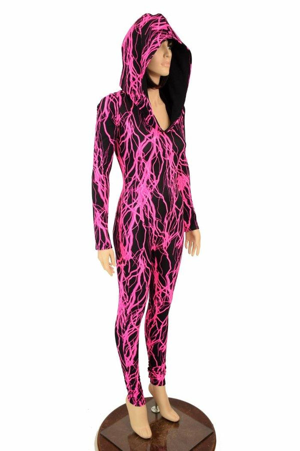 Neon Pink Lightning Hooded Catsuit - 4