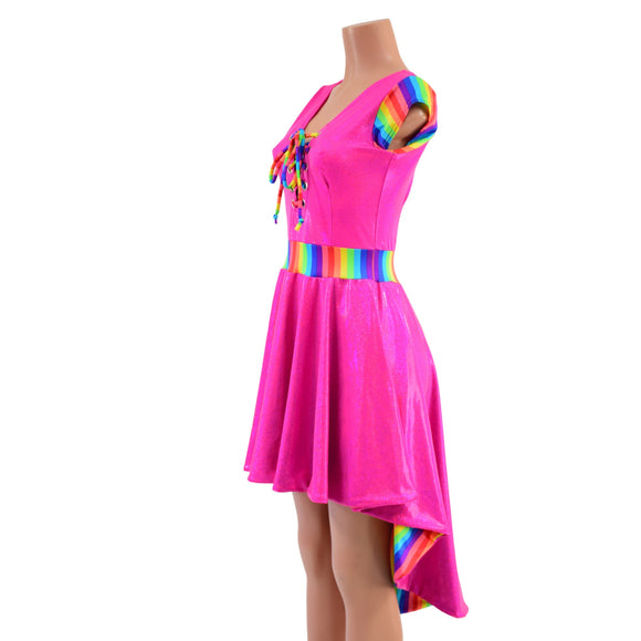 Neon Pink & Rainbow Striped Hi Lo Skater Dress with Flare Lining and Laceup - Coquetry Clothing