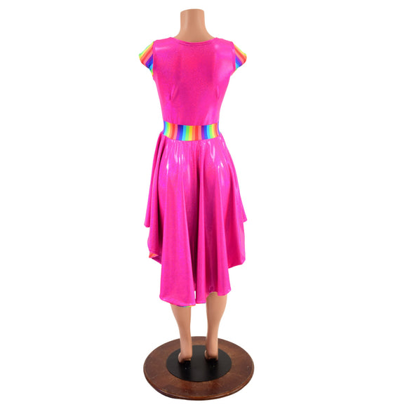 Neon Pink & Rainbow Striped Hi Lo Skater Dress with Flare Lining and Laceup - Coquetry Clothing