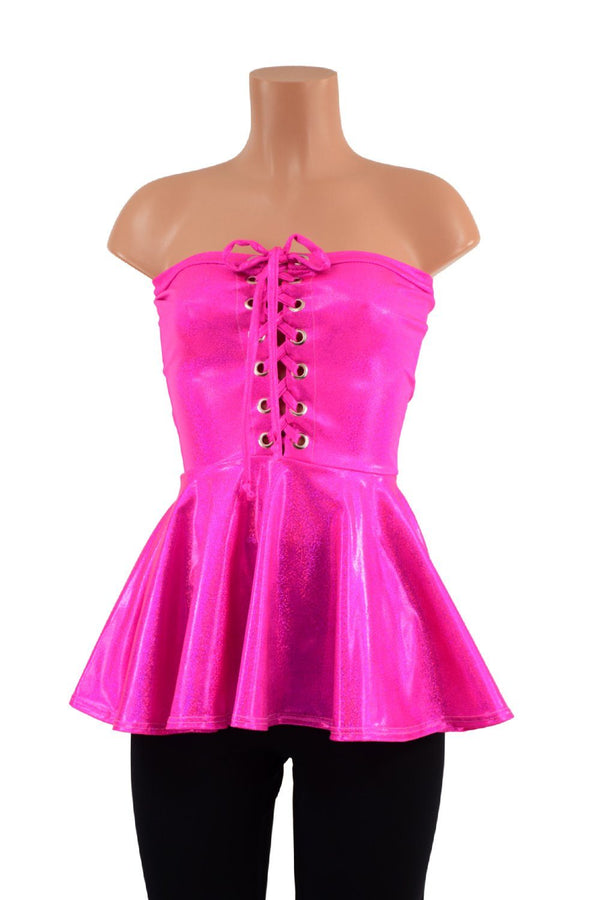 Ready to Ship Neon Pink Sparkly Jewel Laceup Peplum Top 2XL - 1