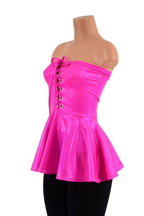 Ready to Ship Neon Pink Sparkly Jewel Laceup Peplum Top 2XL - 4