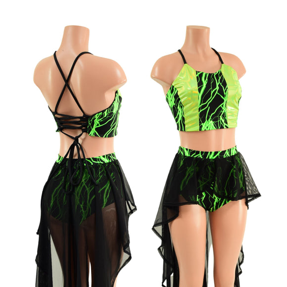 Neon Strappy Back Halter and Siren Shorts with Mesh Hi Lo Attached Skirt - Coquetry Clothing