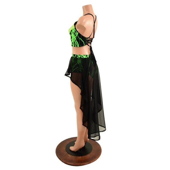 Neon Strappy Back Halter and Siren Shorts with Mesh Hi Lo Attached Skirt - Coquetry Clothing