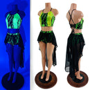 Neon Strappy Back Halter and Siren Shorts with Mesh Hi Lo Attached Skirt - Coquetry Clothing