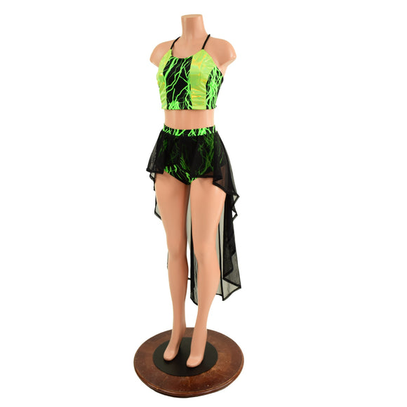 Neon Strappy Back Halter and Siren Shorts with Mesh Hi Lo Attached Skirt - Coquetry Clothing