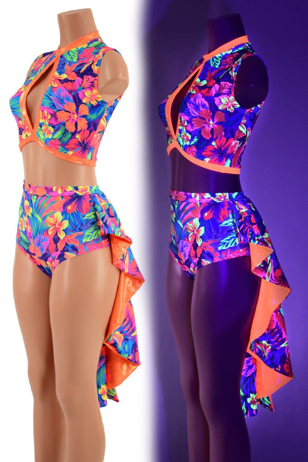 Neon UV Glow 2PC Keyhole Top and Tuxedo Siren Shorts Set - 1