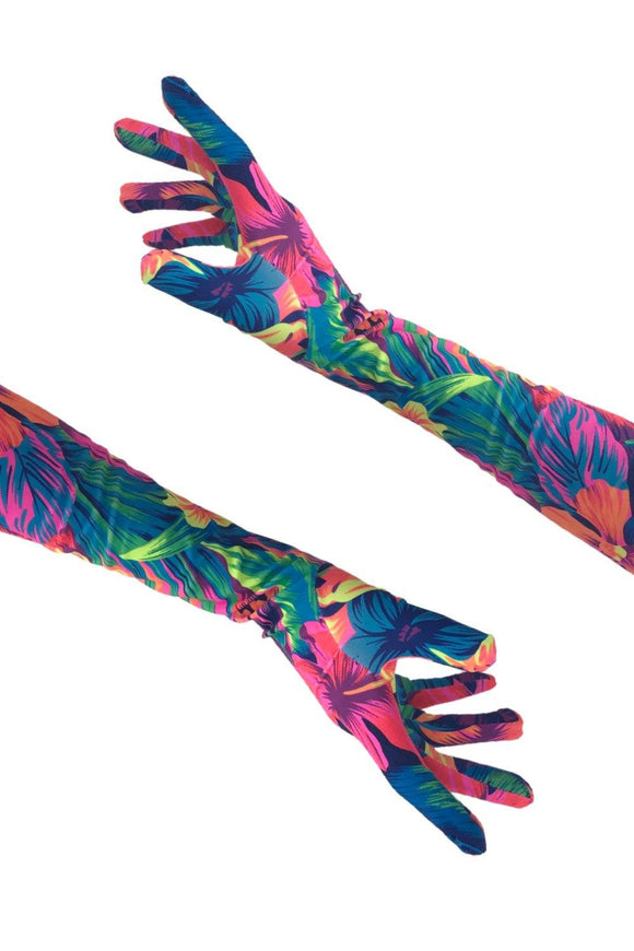 Neon UV Glow Tahitian Floral Print Gloves - Coquetry Clothing