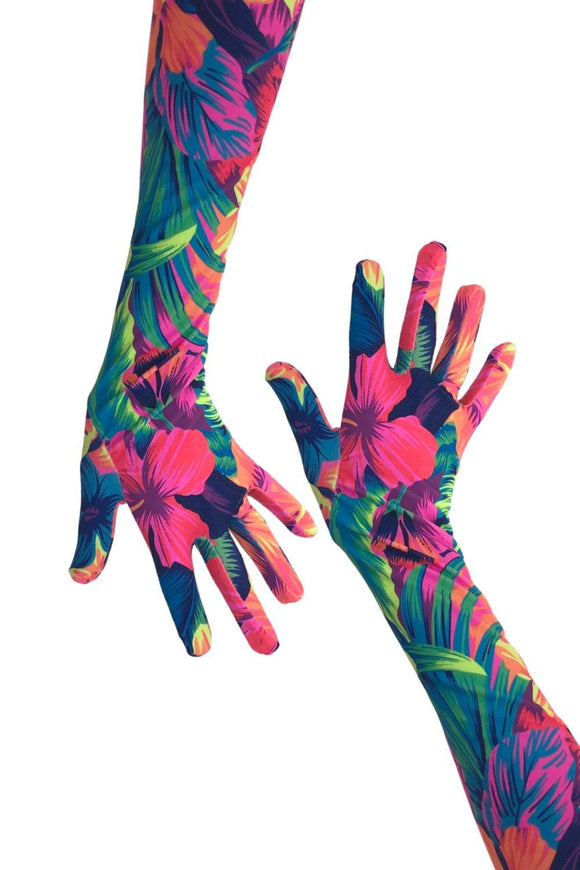 Neon UV Glow Tahitian Floral Print Gloves - Coquetry Clothing