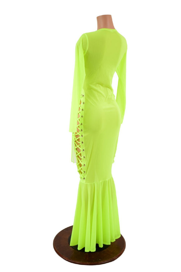 Neon Yellow Mesh Lace Up Gown - Coquetry Clothing