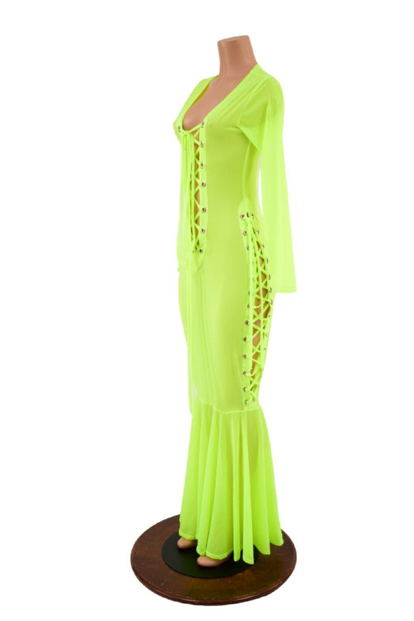 Neon Yellow Mesh Lace Up Gown - Coquetry Clothing