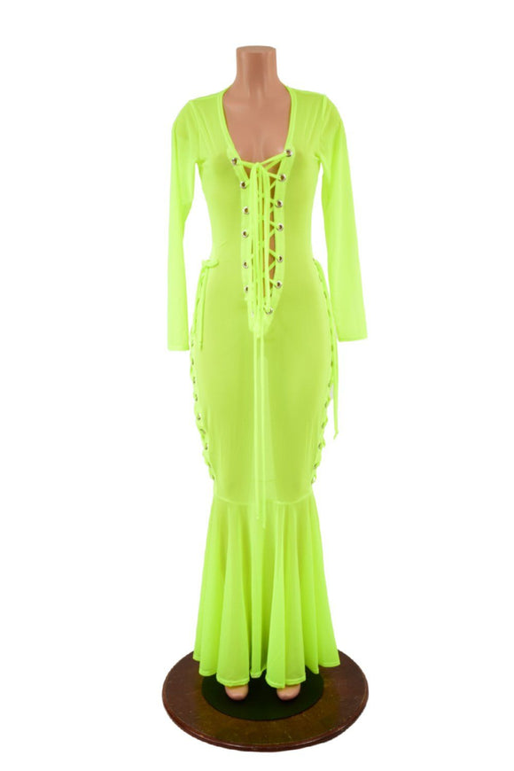 Neon Yellow Mesh Lace Up Gown - Coquetry Clothing