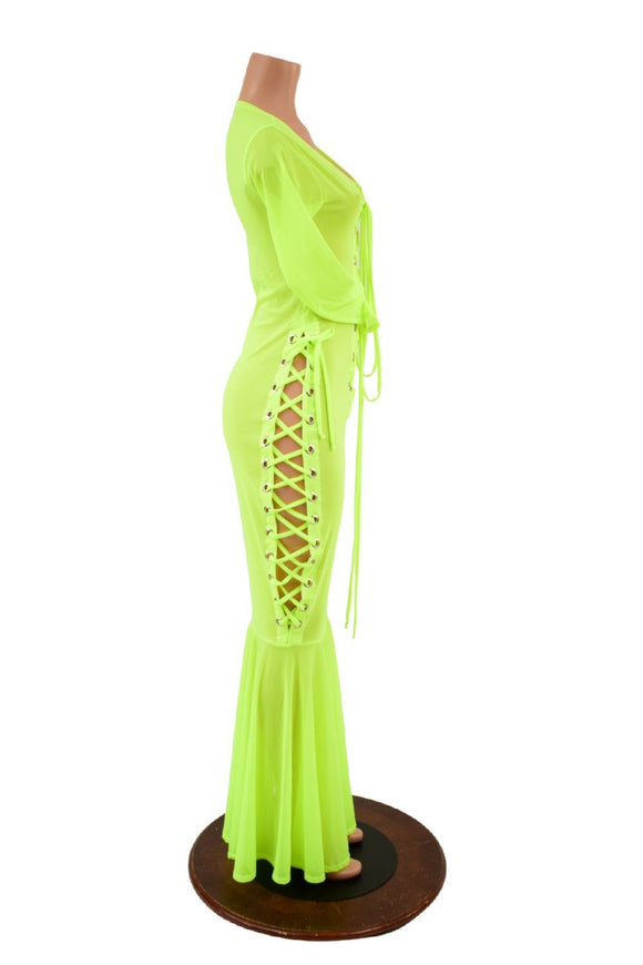 Neon Yellow Mesh Lace Up Gown - Coquetry Clothing