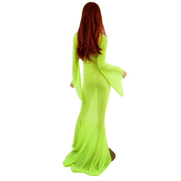 Neon Yellow Mesh Zipper Back Gown with Pixie Sleeves and Puddle Train - Coquetry Clothing