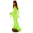 Neon Yellow Mesh Zipper Back Gown with Pixie Sleeves and Puddle Train - Coquetry Clothing