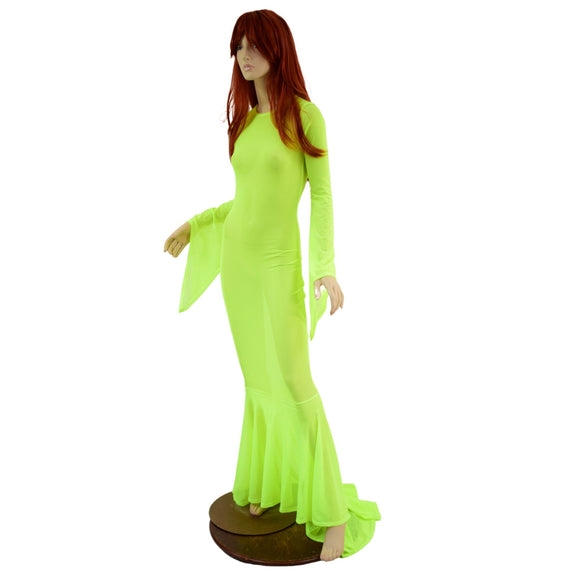Neon Yellow Mesh Zipper Back Gown with Pixie Sleeves and Puddle Train - Coquetry Clothing