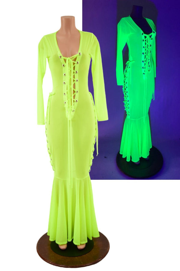 Neon Yellow Mesh Lace Up Gown - 1