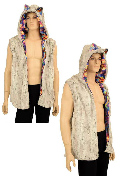 Mens Cat Ear Minky Faux Fur Hooded Vest - Coquetry Clothing
