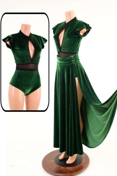 Green Velvet Romper & Break Away Skirt Set - Coquetry Clothing