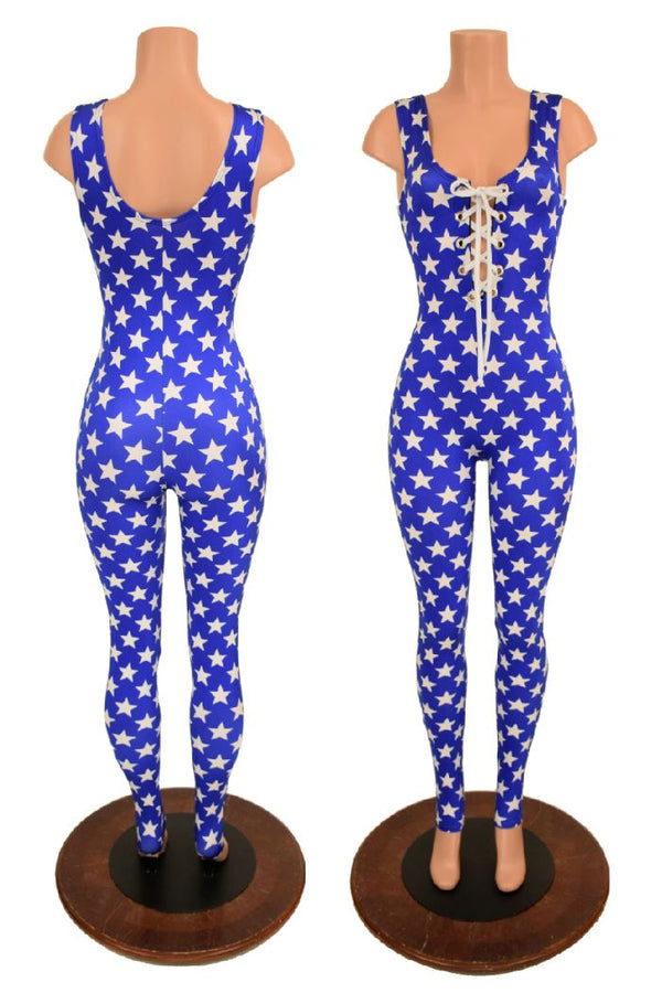 Lace Up Blue & White Star Catsuit - 1