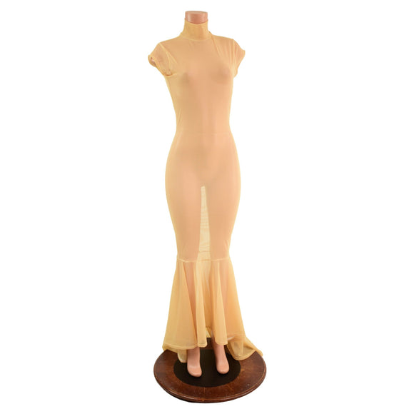 Nude Mesh Puddle Train Gown - Coquetry Clothing