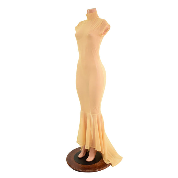 Nude Mesh Puddle Train Gown - Coquetry Clothing