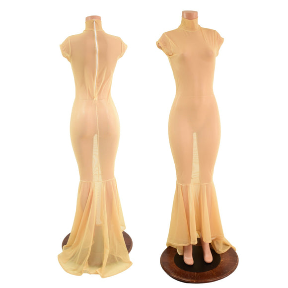 Nude Mesh Puddle Train Gown - Coquetry Clothing