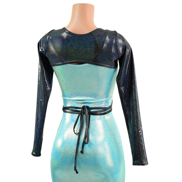 O - ring Front Bolero with Removable Body Wrap Tie in Black Holographic - Coquetry Clothing