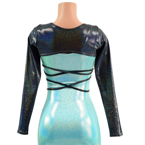 O - ring Front Bolero with Removable Body Wrap Tie in Black Holographic - Coquetry Clothing