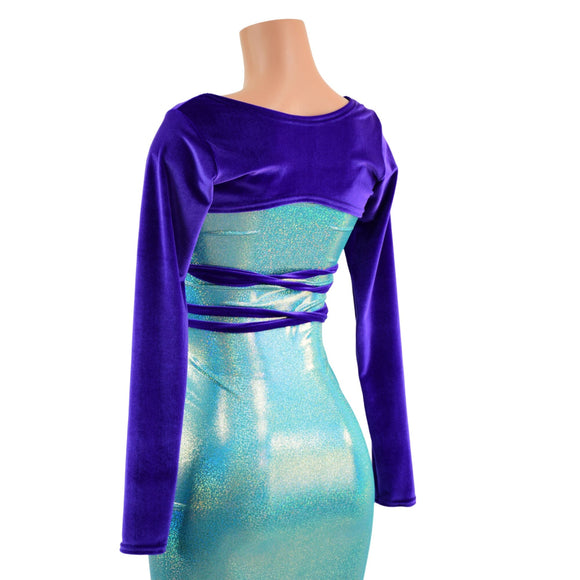 O - ring Front Bolero with Removable Body Wrap Tie in Purple Velvet - Coquetry Clothing