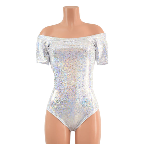 Off Shoulder Romper in Silver on White Shattered Glass - Coquetry Clothing