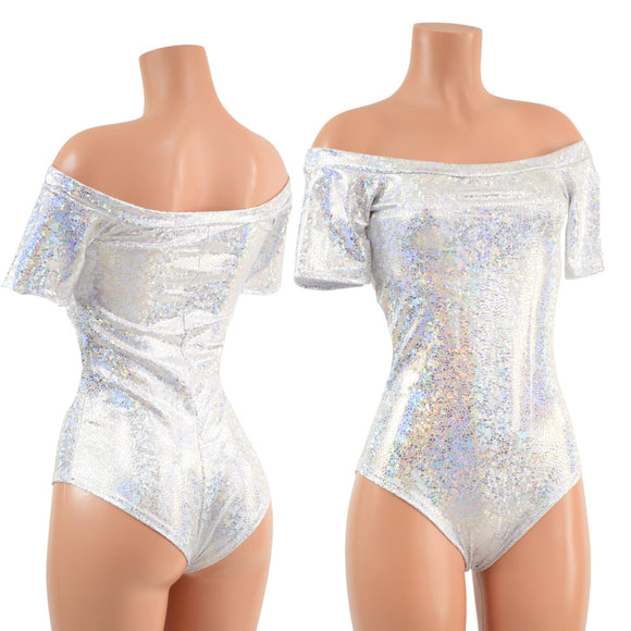 Off Shoulder Romper in Silver on White Shattered Glass - Coquetry Clothing